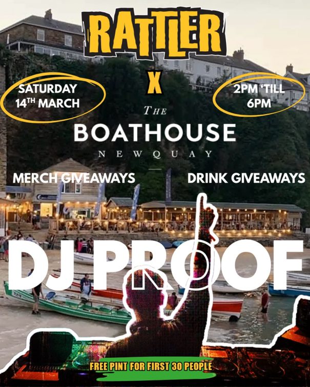 Event poster for The Boathouse Newquay reopening party with DJ Proof on March 14th.