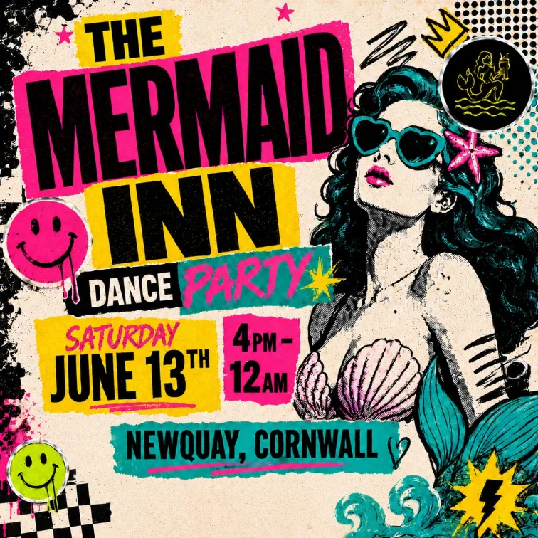 The Mermaid Inn Dance Party flyer for Saturday June 13th in Newquay, Cornwall, featuring Steve Lid, Jazz Mango, DJ Proof, Phoenix Fox, Danny Peart and Jose Mora.